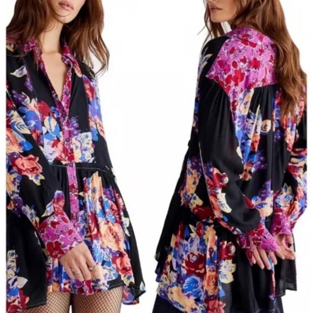 Free People Womens Brunch a Bunch Floral Babydoll Tunic Shirt Top Black SZ Small